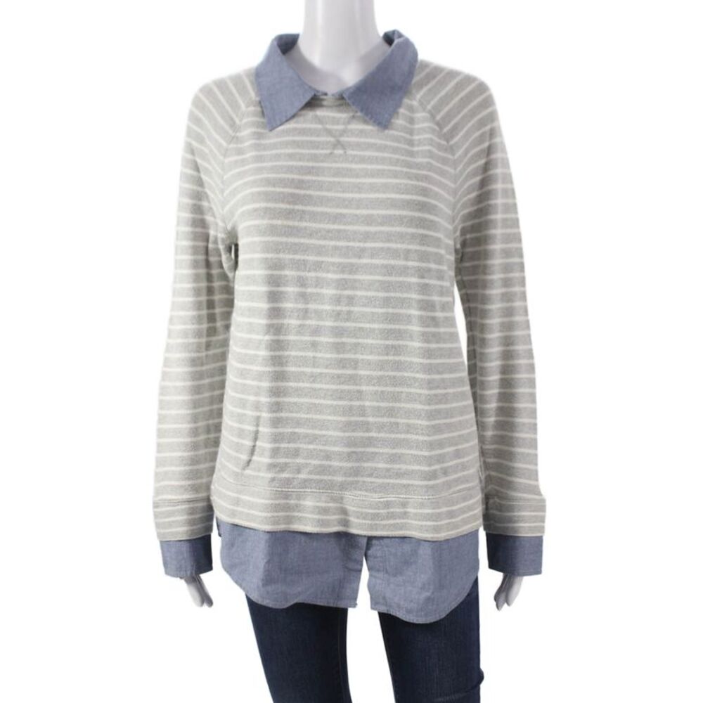 Soft Joie Unisex Adults Striped Collared Pullover Sweatshirt Gray Cotton Size S